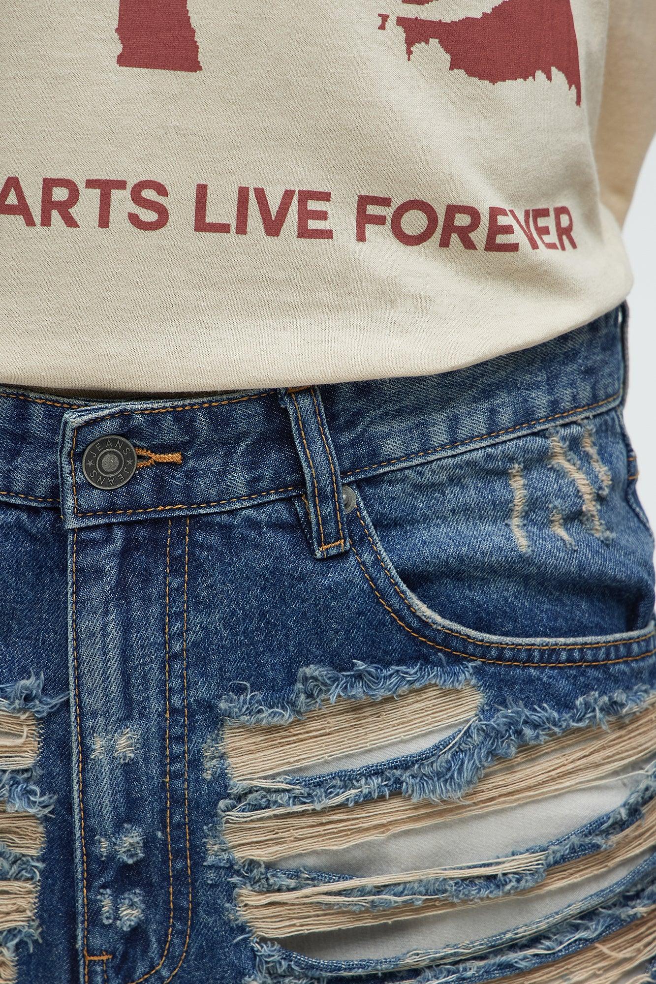 Run It Up Relaxed Distressed Denim Shorts - Medium Blue Wash Product Image