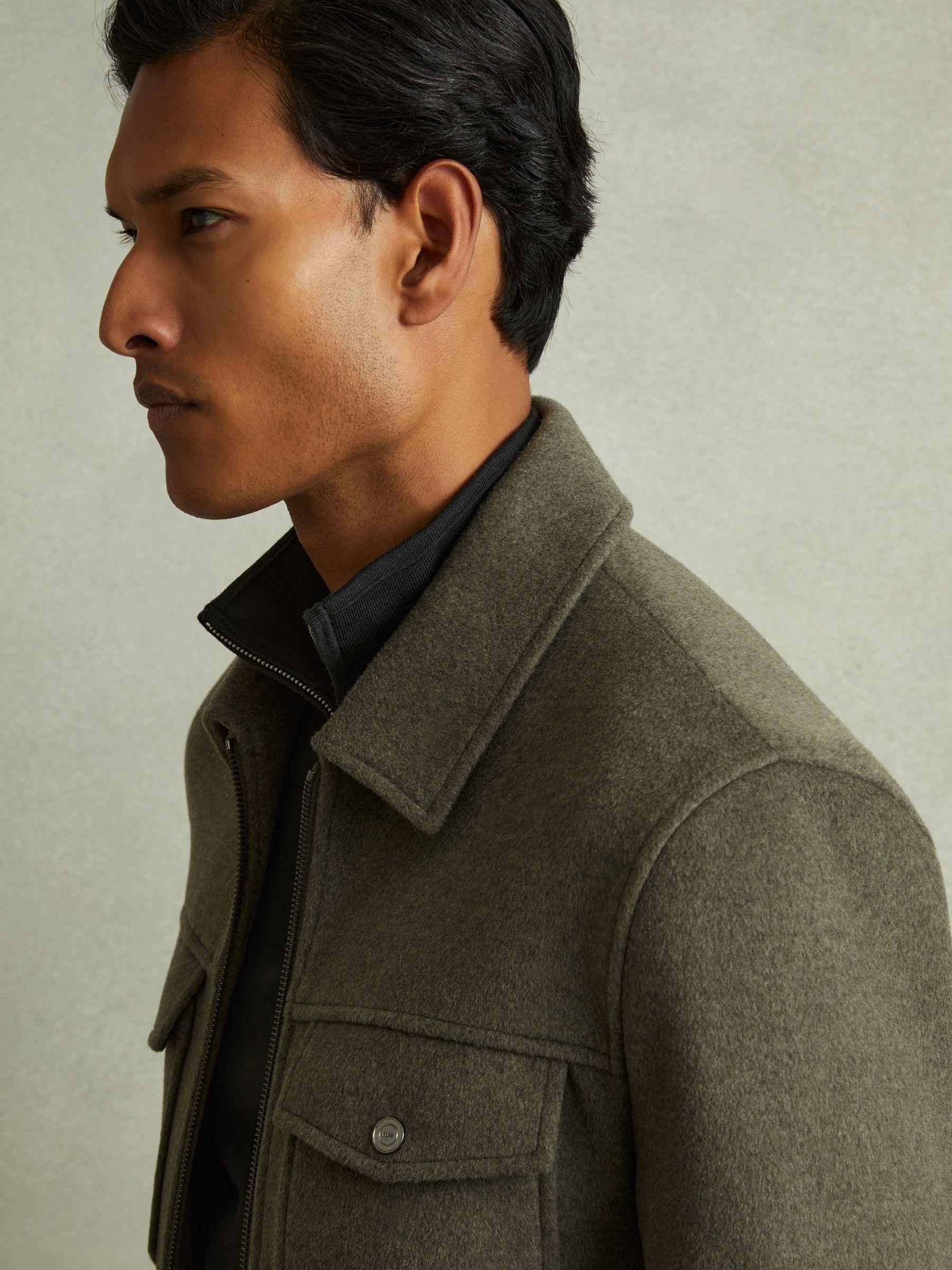 Zip-Through Trucker Jacket with Wool in Green Smoke Product Image