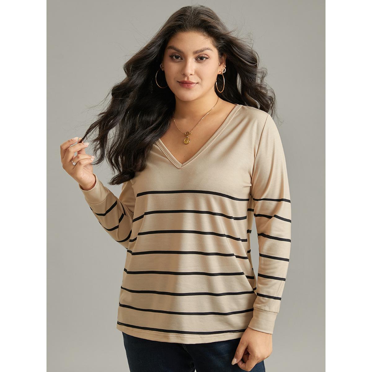 Plus Size Striped Print V Neck T-Shirt Tan Women Casual Printed Striped V-neck Dailywear T-shirts BloomChic 22-24/3X Product Image