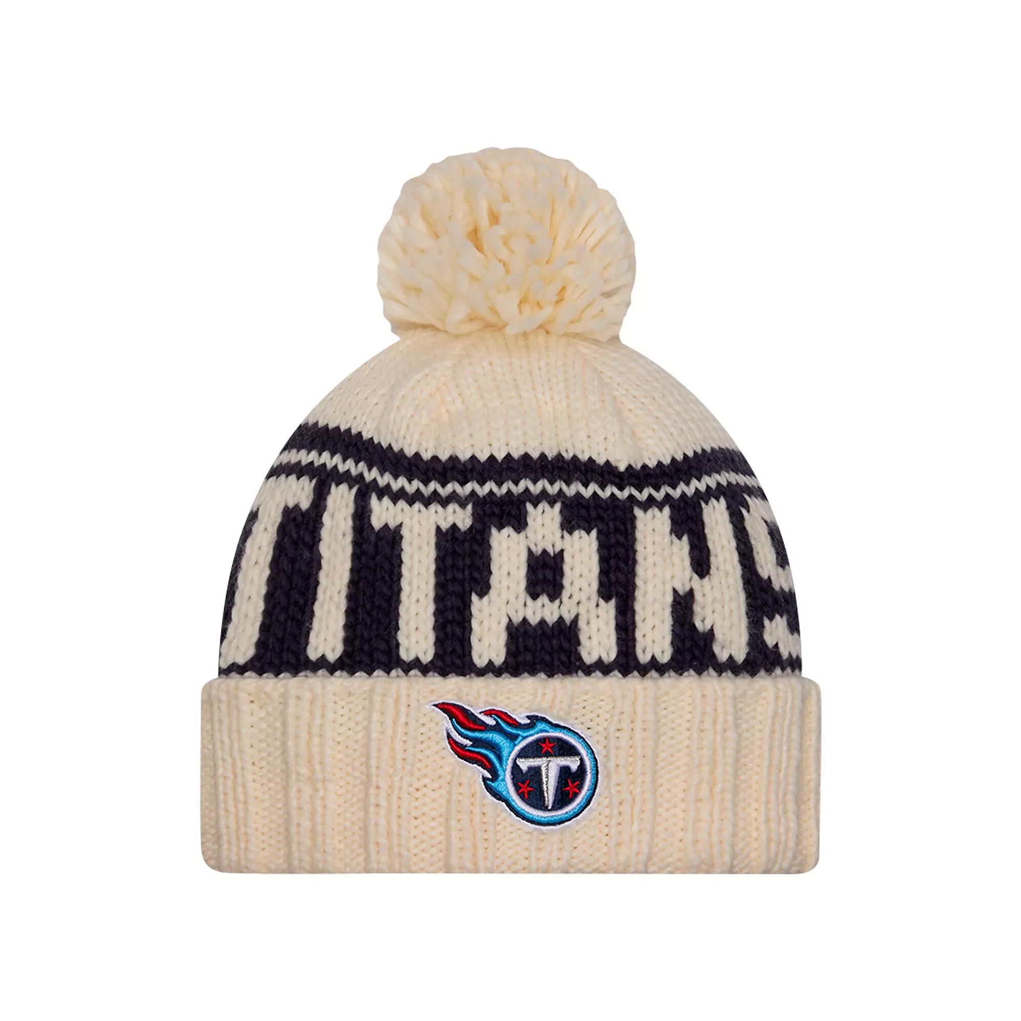 Women's New Era Cream Tennessee Titans 2024 Sideline Cuffed Knit Hat with Pom, Beige Product Image