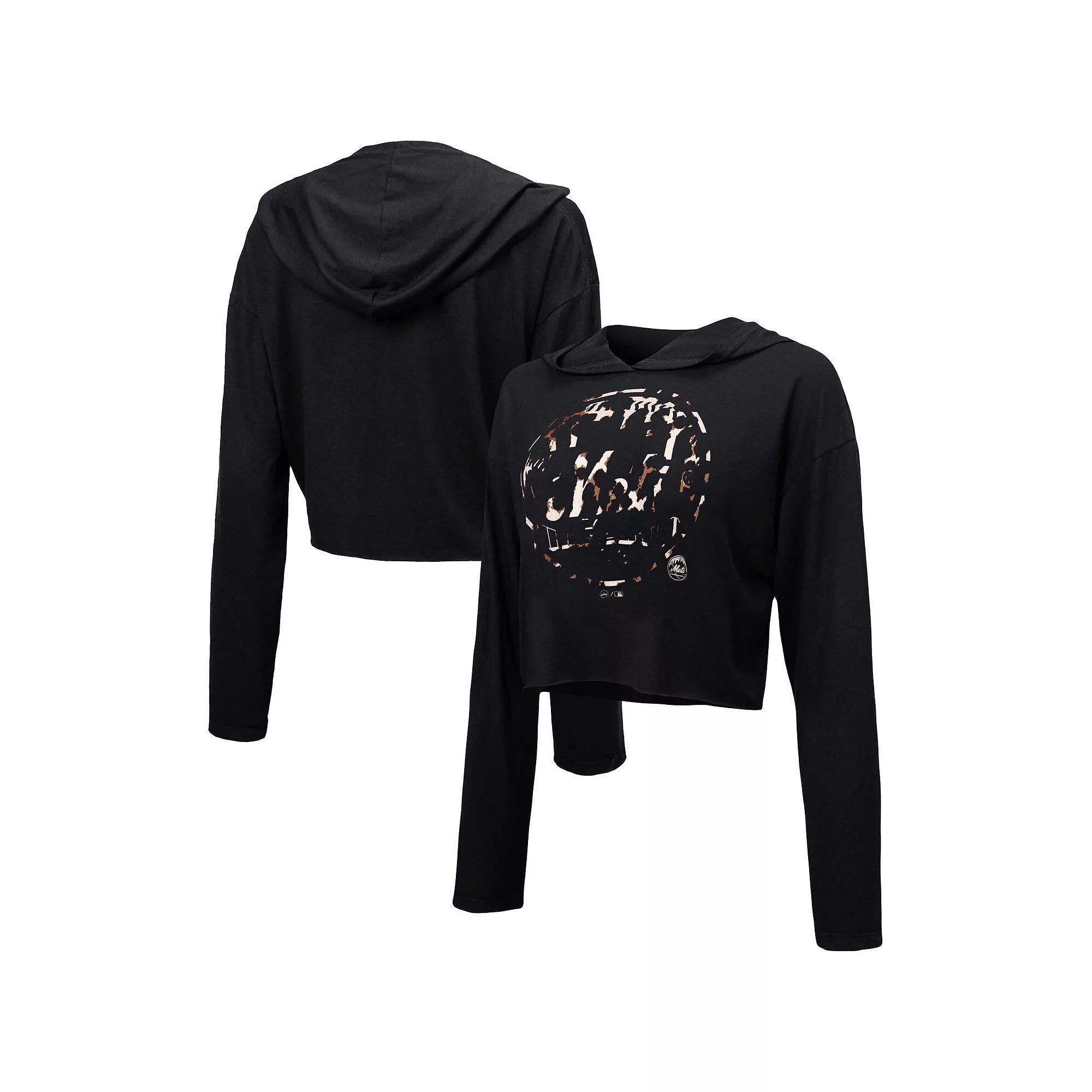 Women's Majestic Threads Black New York Mets Leopard Cropped Hoodie, Size: Large Product Image