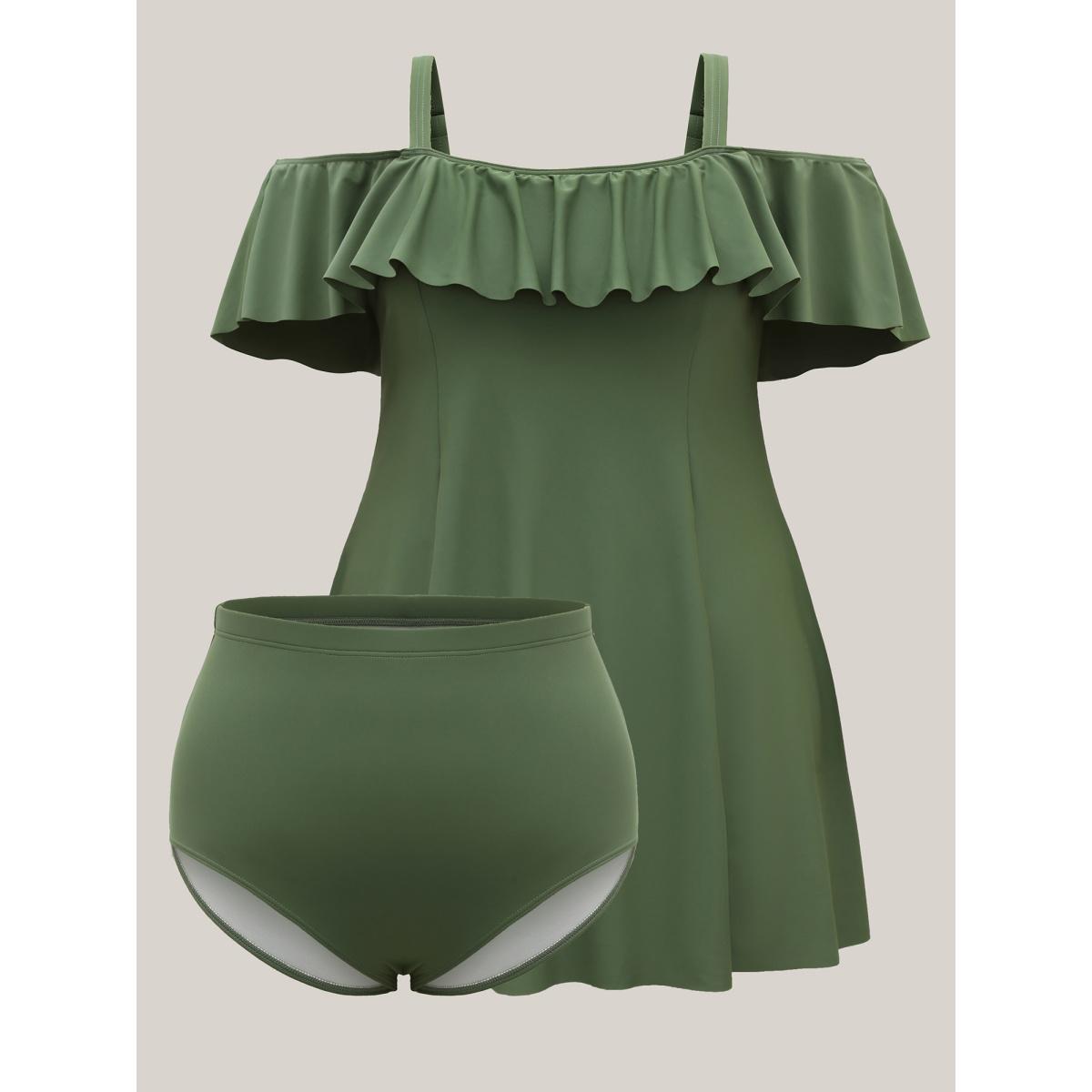 Plus Size Ruffled Non-Removable Cups Swim Dress Women's Swimwear ArmyGreen Resort Bodycon One-shoulder neck High stretch Curve Swim Dresses BloomChic 30/6X Product Image