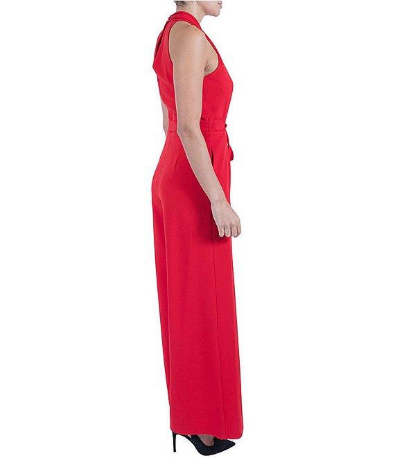 Julia Jordan Stretch Crepe Halter Surplice V-Neck Sleeveless Wide Leg Jumpsuit Product Image