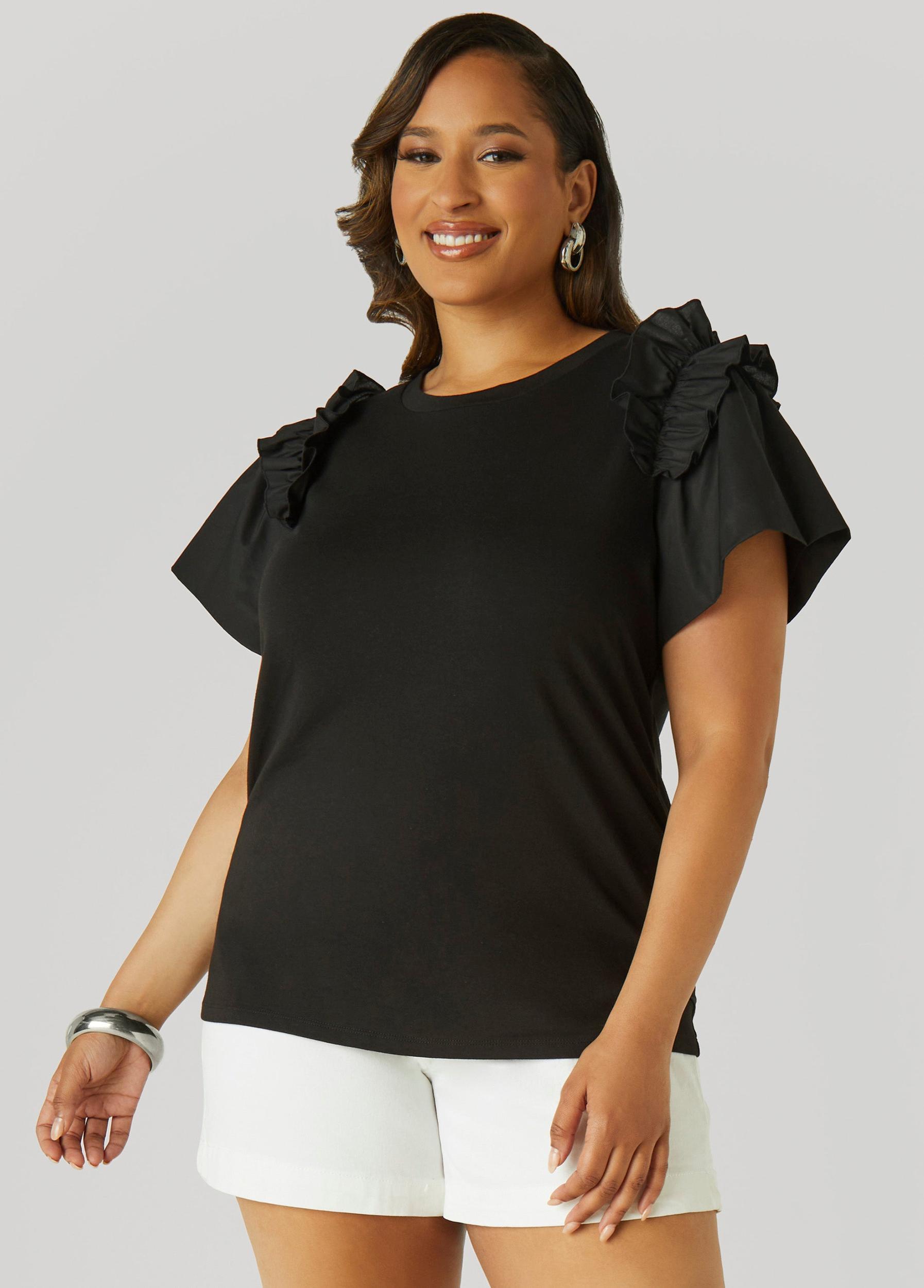 Plus Size Ruffled Poplin Paneled Tee Ashley Stewart Product Image