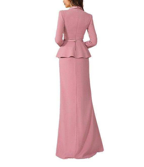 Terani Couture 3D Floral Applique Long Sleeve Peplum Mixed Media Gown Product Image