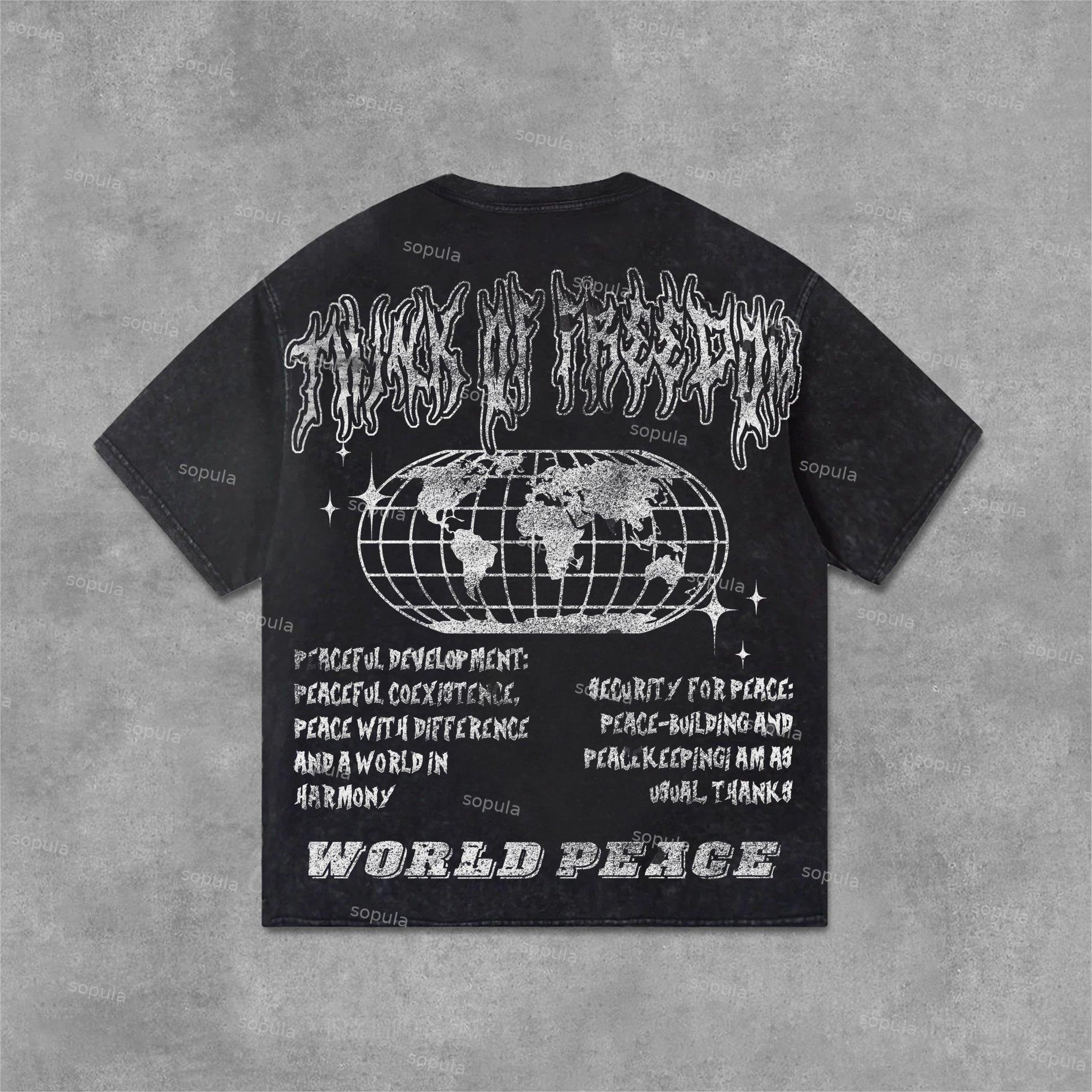 Sopula World Pacifist Anti-War Skull Print Graphics Washed T-Shirt Product Image