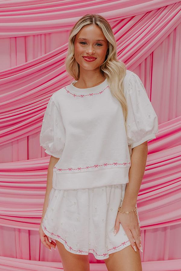 Bows And Kisses Pearl Embellished Top in White Product Image