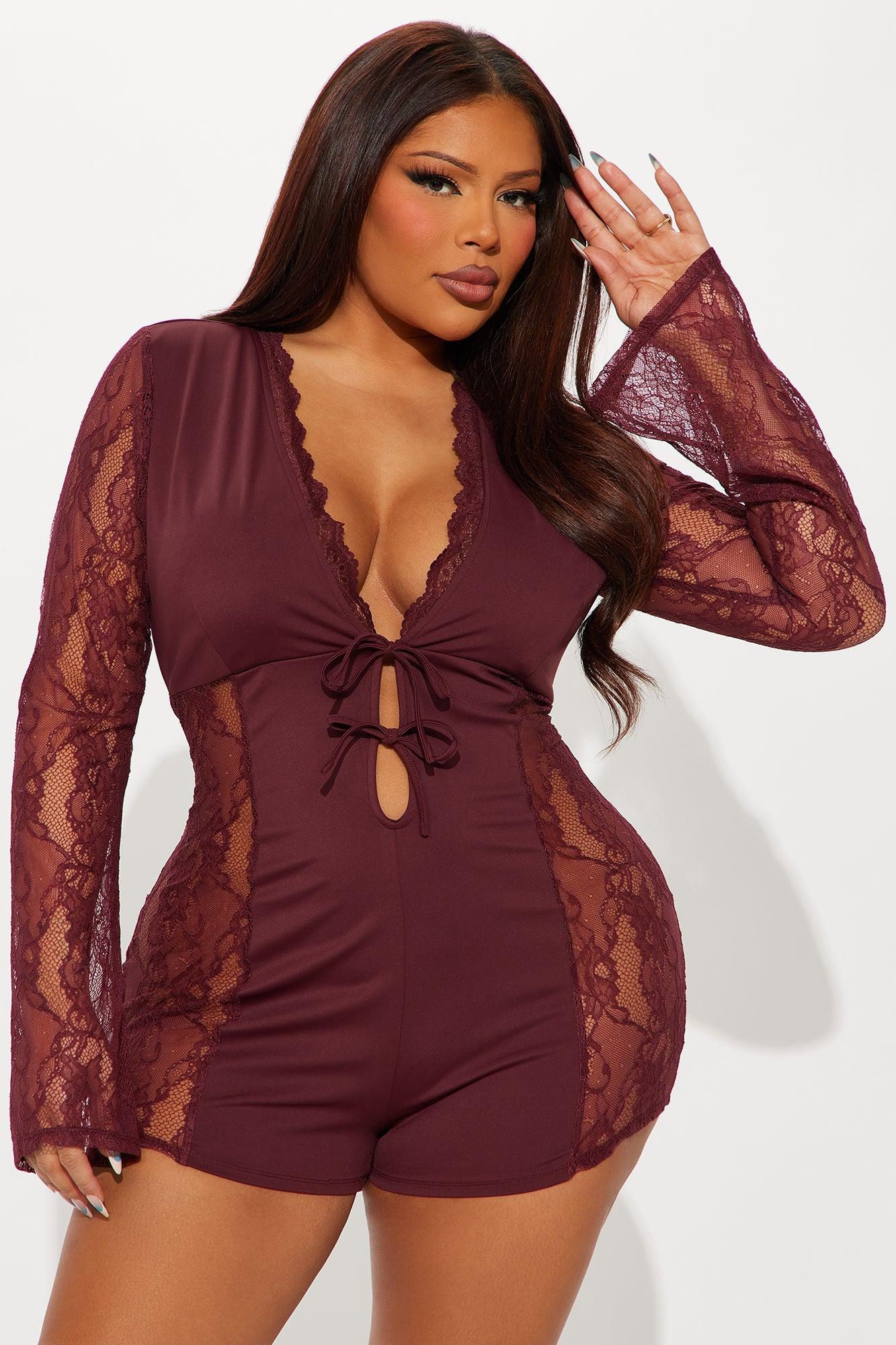 Cleo Lace Long Sleeve Romper - Burgundy Female Product Image