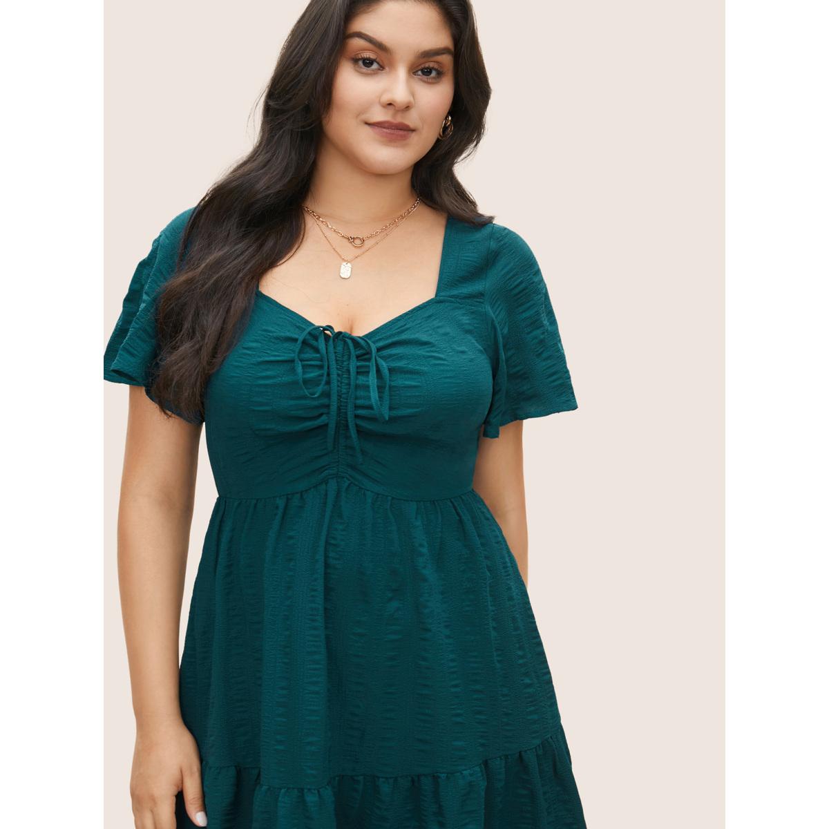Plus Size Plain Ruched Drawstring Pocket Ruffle Tiered Dress DarkGreen Women Elegant Non V-neck Short sleeve Curvy Midi Dress BloomChic 28/5X Product Image