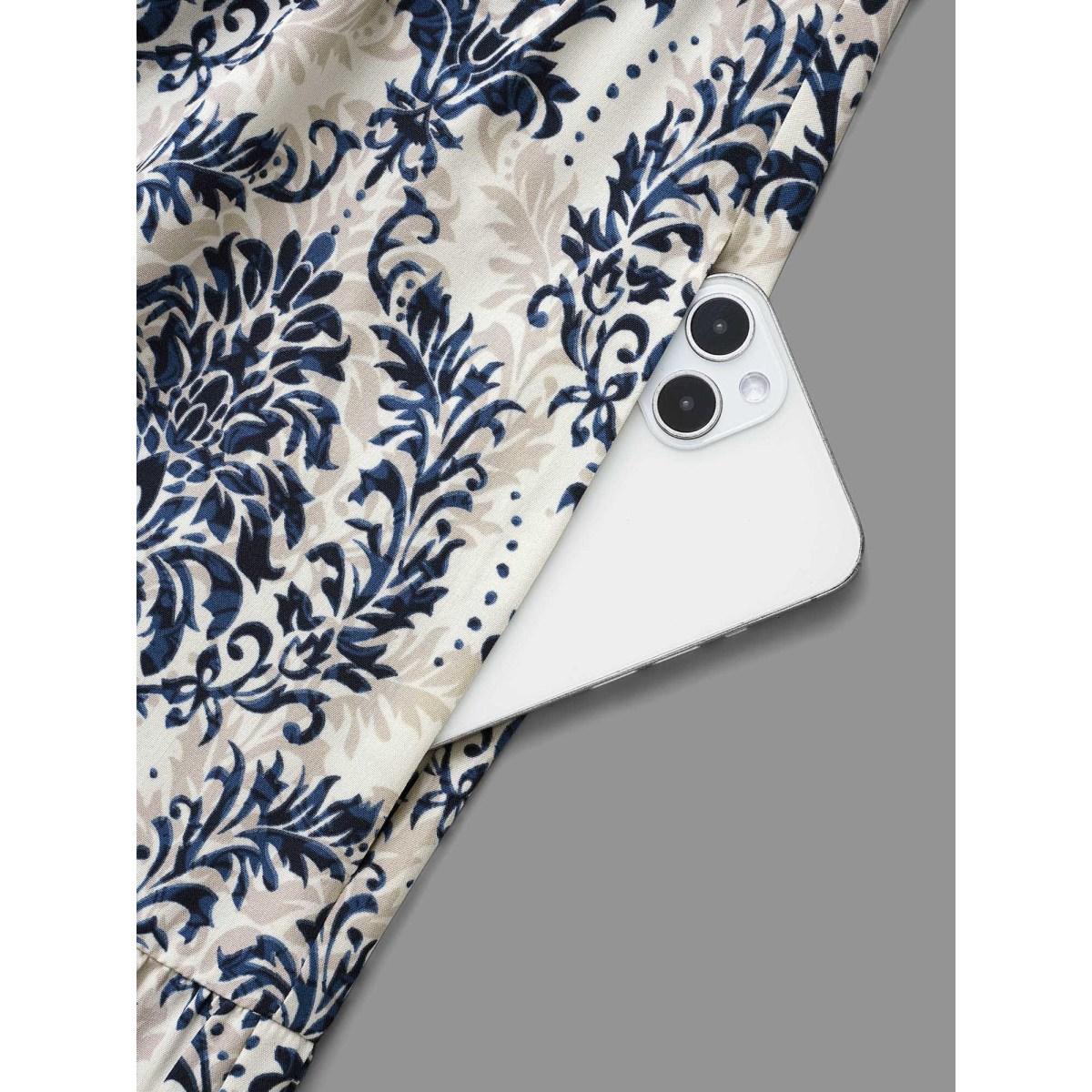 Plus Size V Neck Boho Print Ruffles Maxi Dress DarkBlue Women Resort Ruffles V-neck Long Sleeve Curvy BloomChic 28/5X Product Image