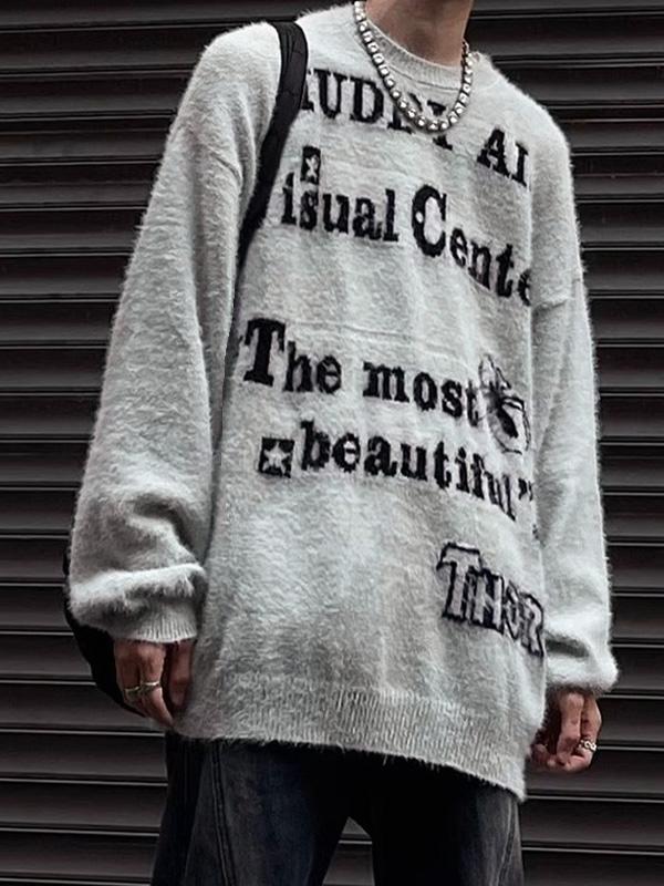Men's Fuzzy Letter Jacquard Oversized Knit Sweater Product Image