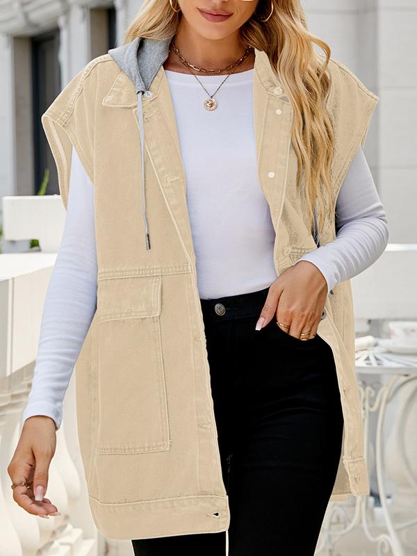 Loose Sleeveless Buttoned Detachable Hooded Pockets Split-Joint Lapel Collar Vest Outerwear Product Image