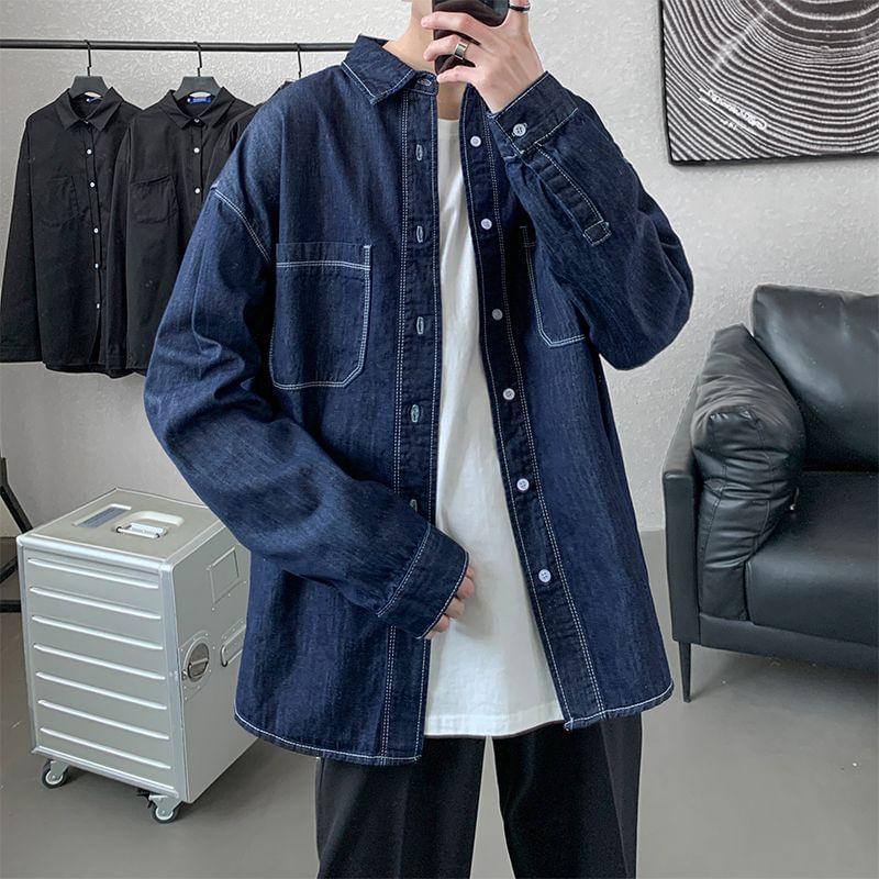 Long Sleeve Collared Washed Denim Shirt Product Image