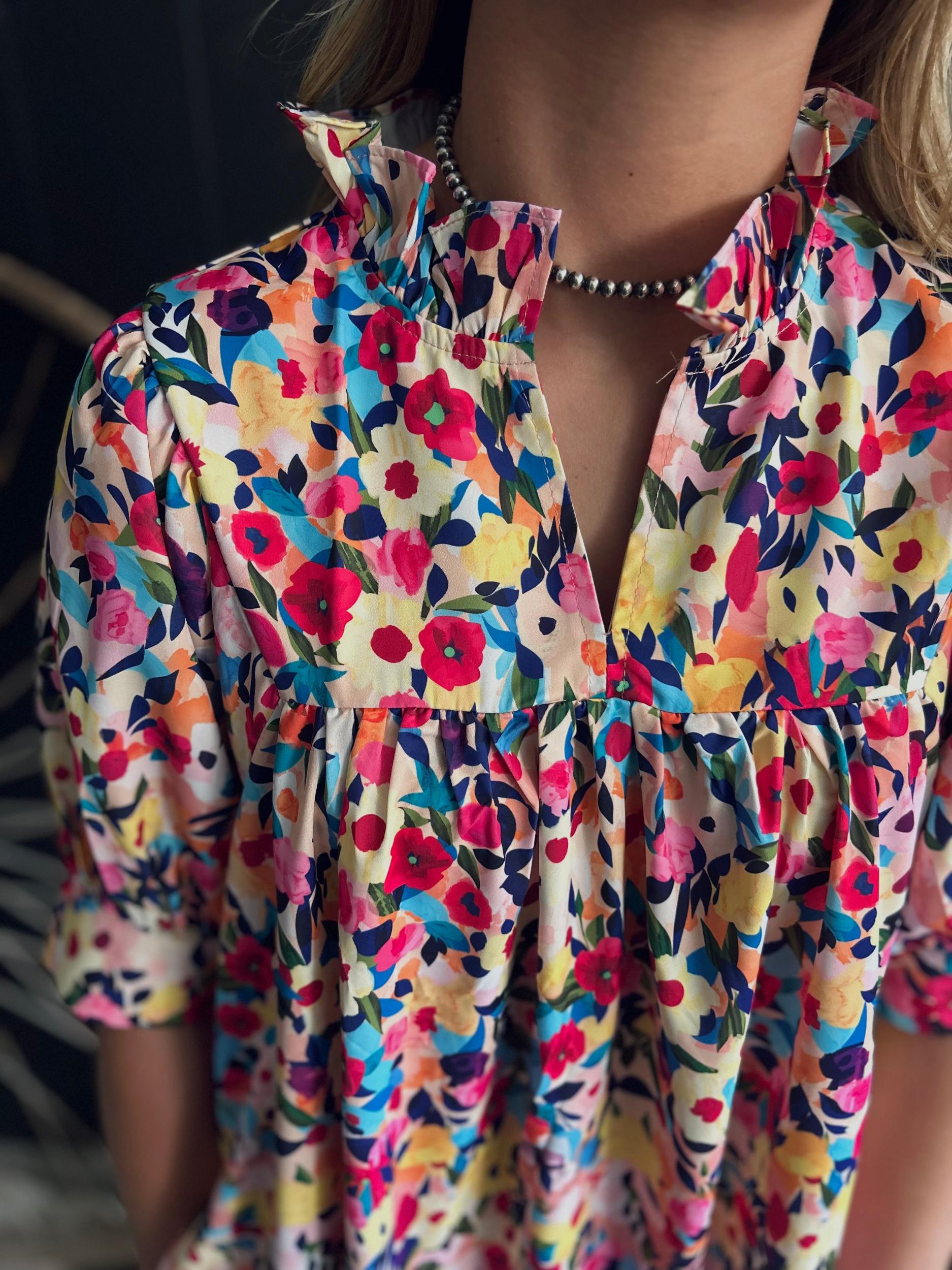 Floral Puff Short Sleeve V Neck Mini Dress Product Image