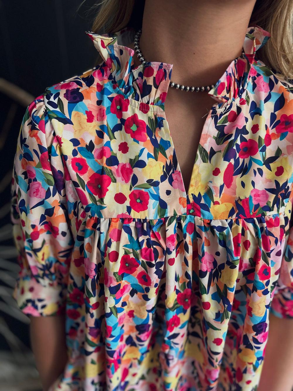 Floral Puff Short Sleeve V Neck Mini Dress Product Image