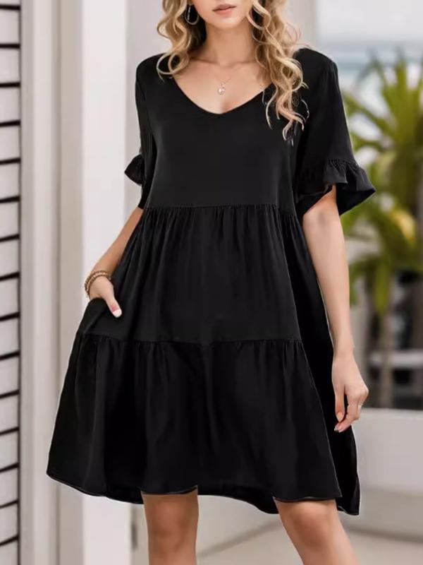 A-Line Flared Sleeves Pleated Pockets Ruffled Solid Color Split-Joint Round-Neck Mini Dresses Product Image