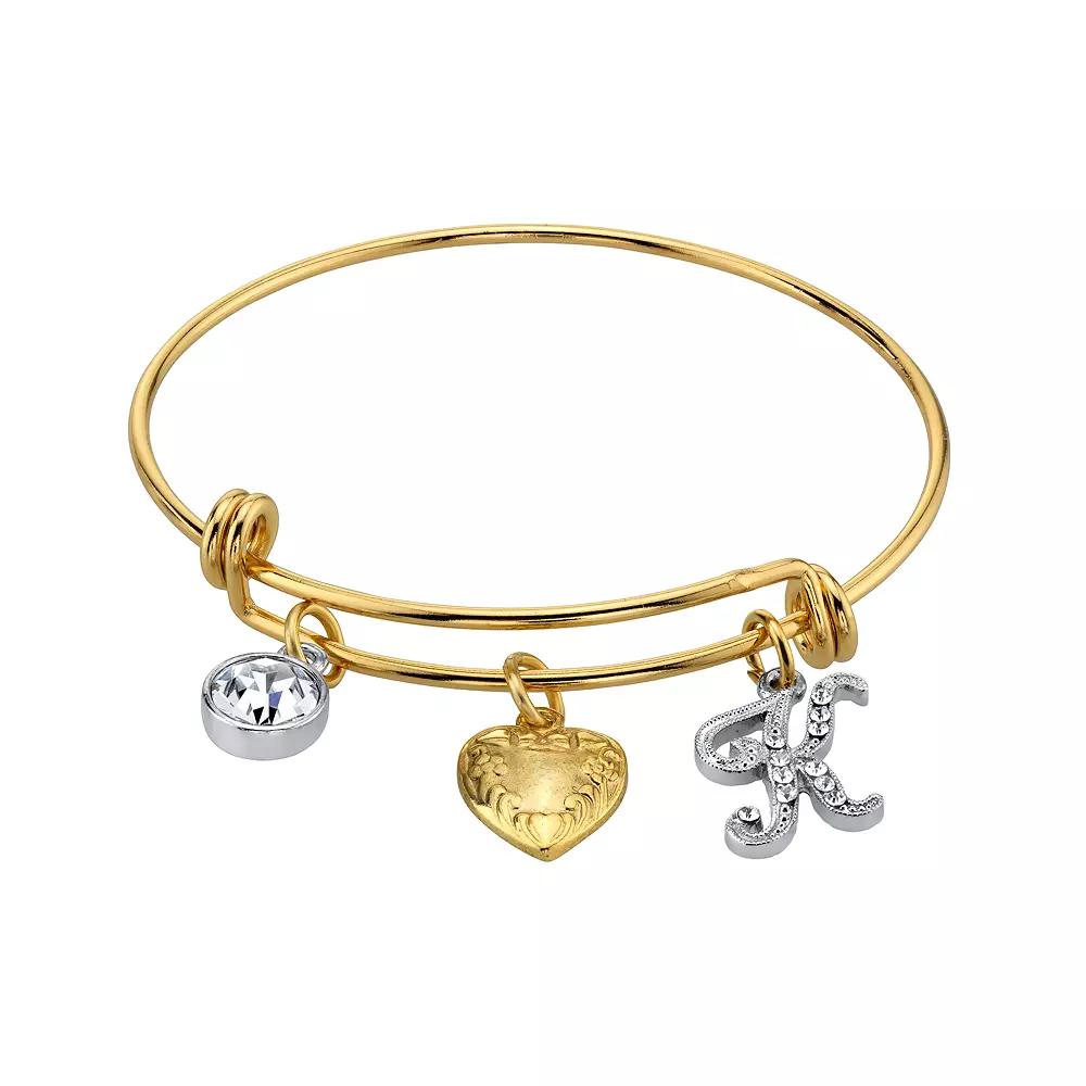1928 Two Tone Crystal, Heart & Initial Charm Bangle Bracelet, Womens Product Image