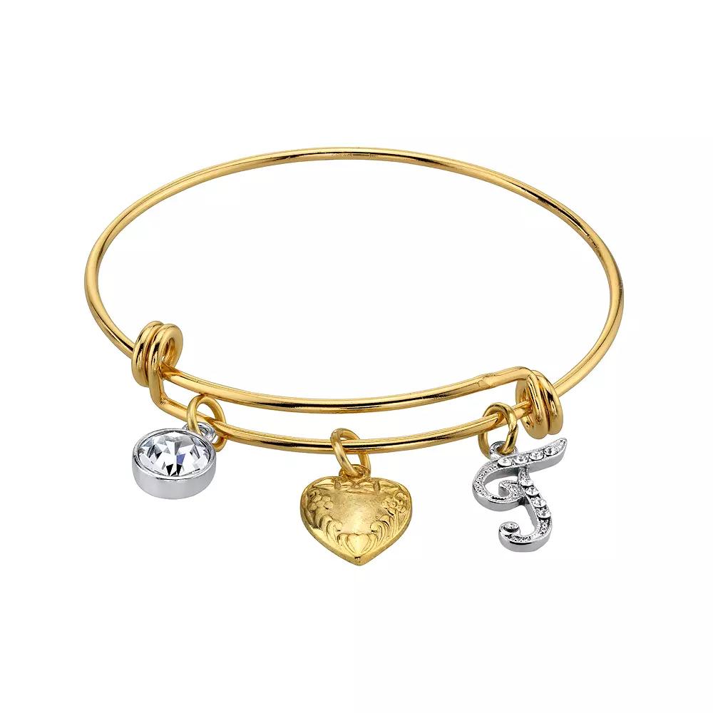 1928 Two Tone Crystal, Heart & Initial Charm Bangle Bracelet, Womens Product Image