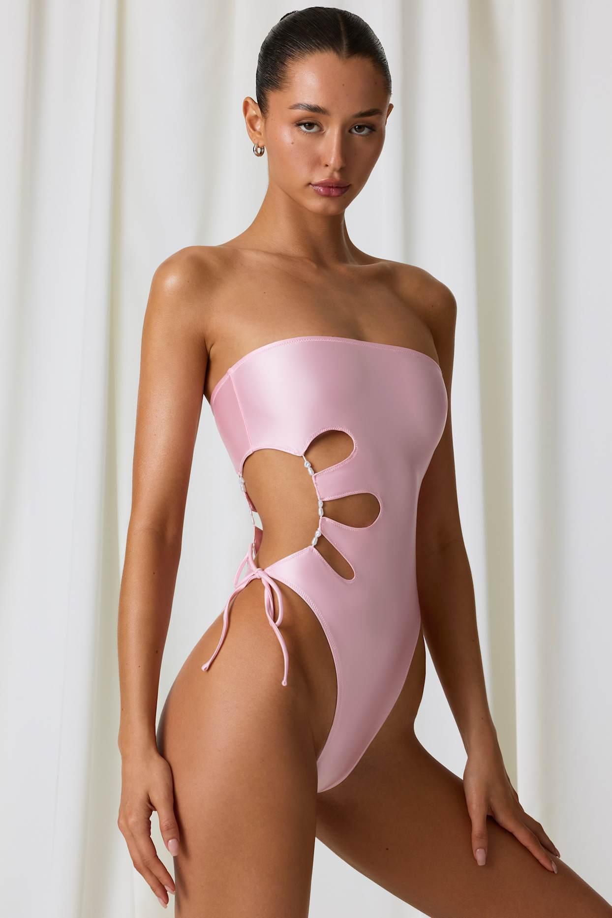 Pearl-Detail Cut-Out Bandeau Swimsuit in Soft Pink Product Image
