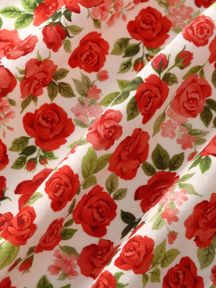 Red Rose Print Cheongsam Women Qipao Midi Dress Product Image