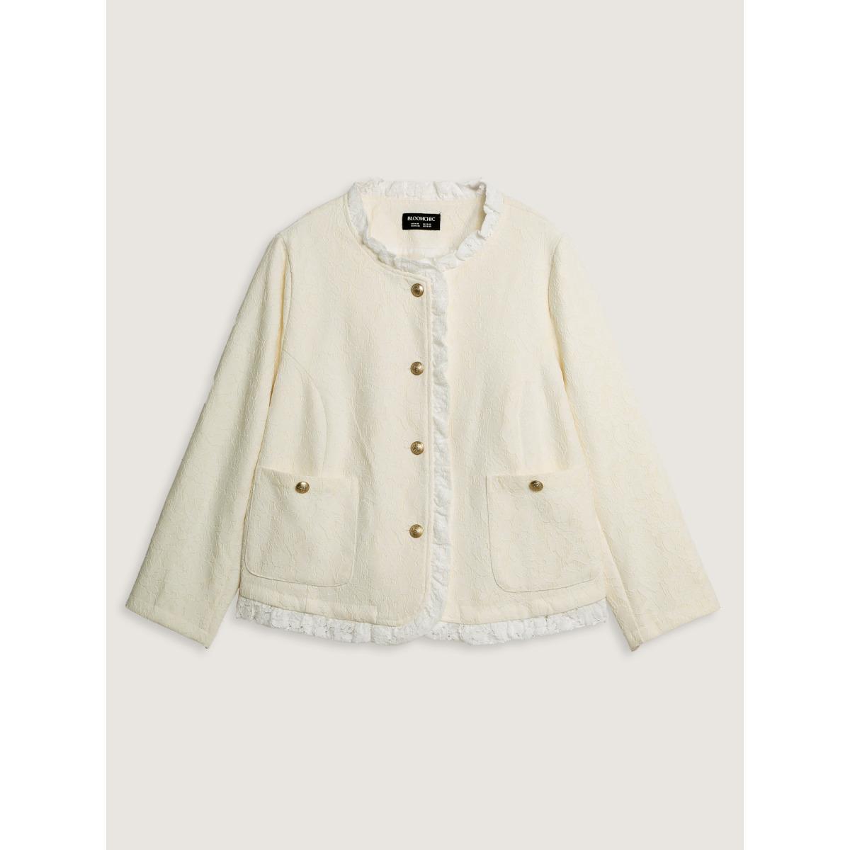 Plus Size Lace Trim Metal Buttons Blazer Ivory Women Elegant Sleeve Long Sleeve Round Neck 14-16/1X Patch pocket Retro Blazers BloomChic Product Image