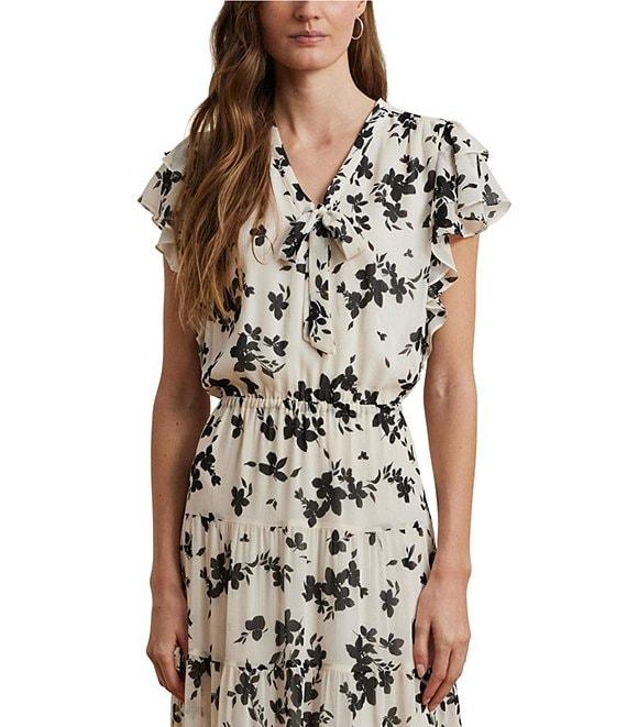 Lauren Ralph Lauren Crinkle Georgette Floral Print V-Neck Cap Sleeve Maxi A-Line Dress Product Image
