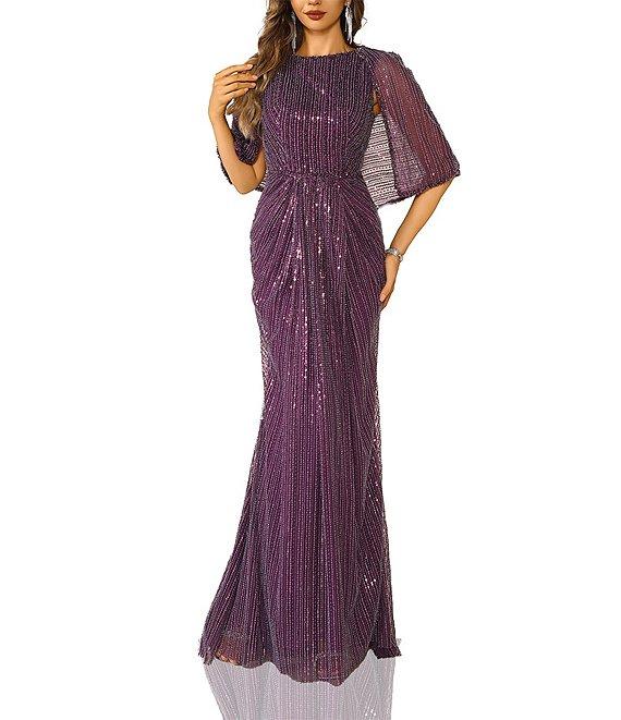 Terani Couture Round Neck Sequin Tulle Ruched Front Capelet Gown Product Image