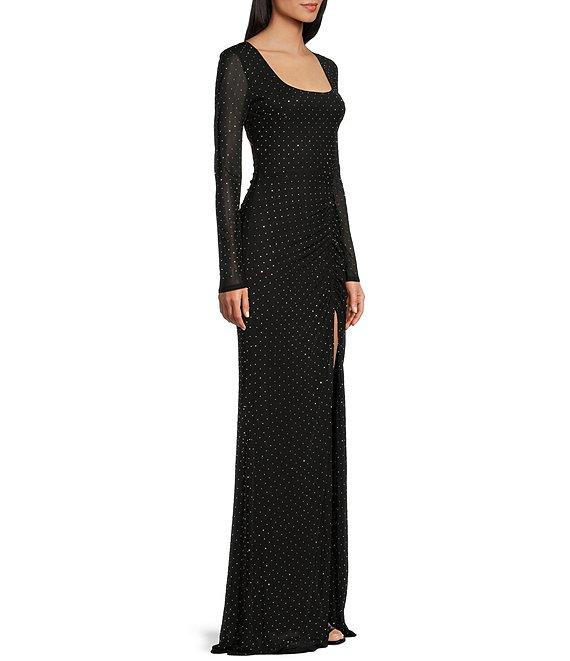 City Vibe Long Sleeve Square Neck Mesh With Studs Long Dress Product Image