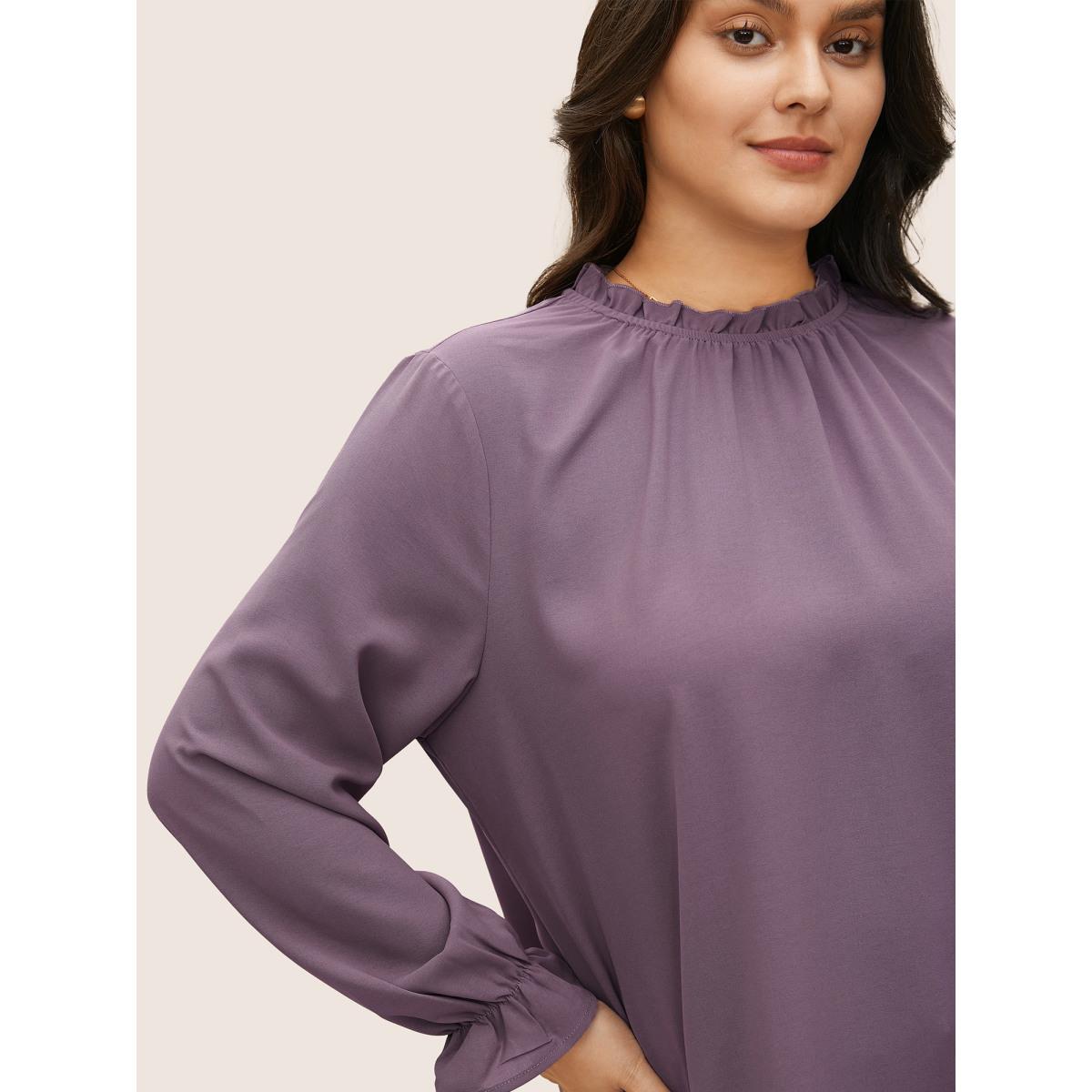 Plus Size Mauve Plain Lantern Sleeve Ruffle Trim Mock Neck Blouse Women Work From Home Long Sleeve Mock Neck Work Blouses BloomChic 12/L Product Image