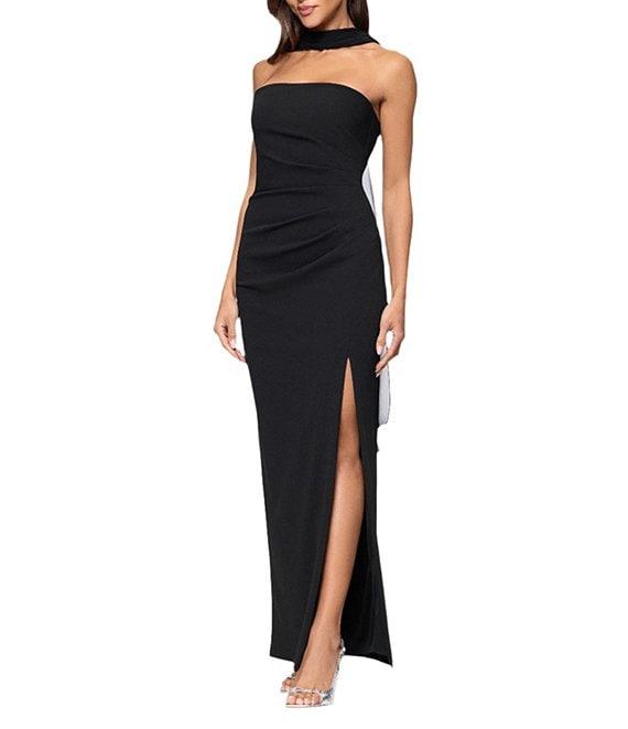 Xscape Halter Scuba Crepe Ruched Back Draping Sheath Gown Product Image