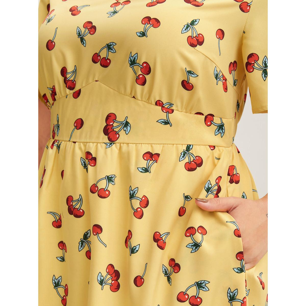 Plus Size Cherry Print Stretchy Cinched-Waist Midi Dress Lemonyellow Women Timeless V-neck Short sleeve Curvy BloomChic 28/5X Product Image