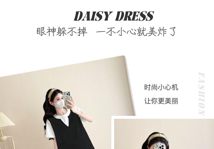 Maternity Set: Short-Sleeve Round Neck Mock Two Piece Tee + High Waist Plain Shorts Product Image