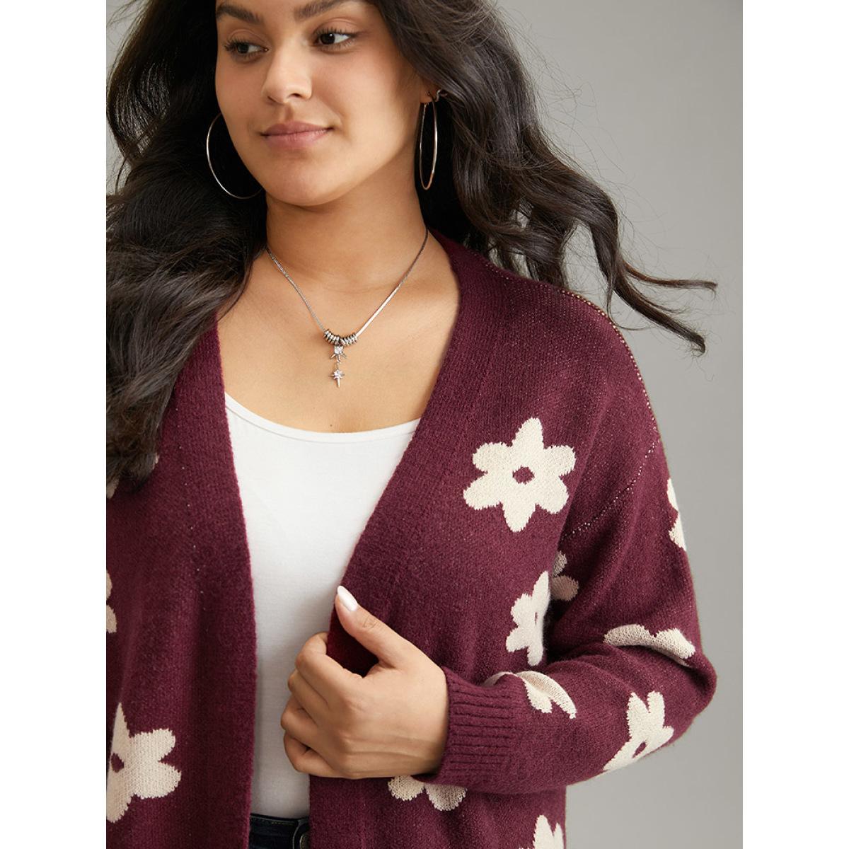 Plus Size Floral Two Tone Open Front Cardigan Burgundy Women Casual Loose Long Sleeve Dailywear Cardigans BloomChic 10/M Product Image