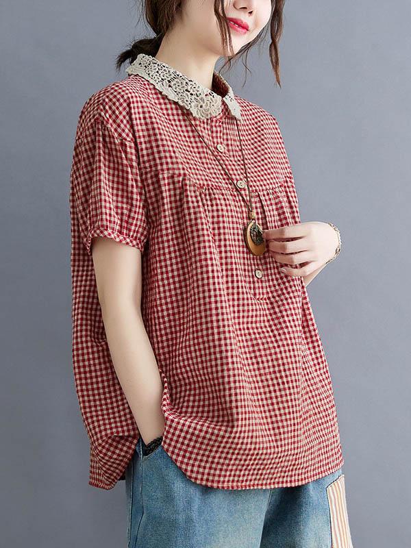 Cotton Blend Plaid Polo Puff Sleeve T-Shirts Tops Product Image