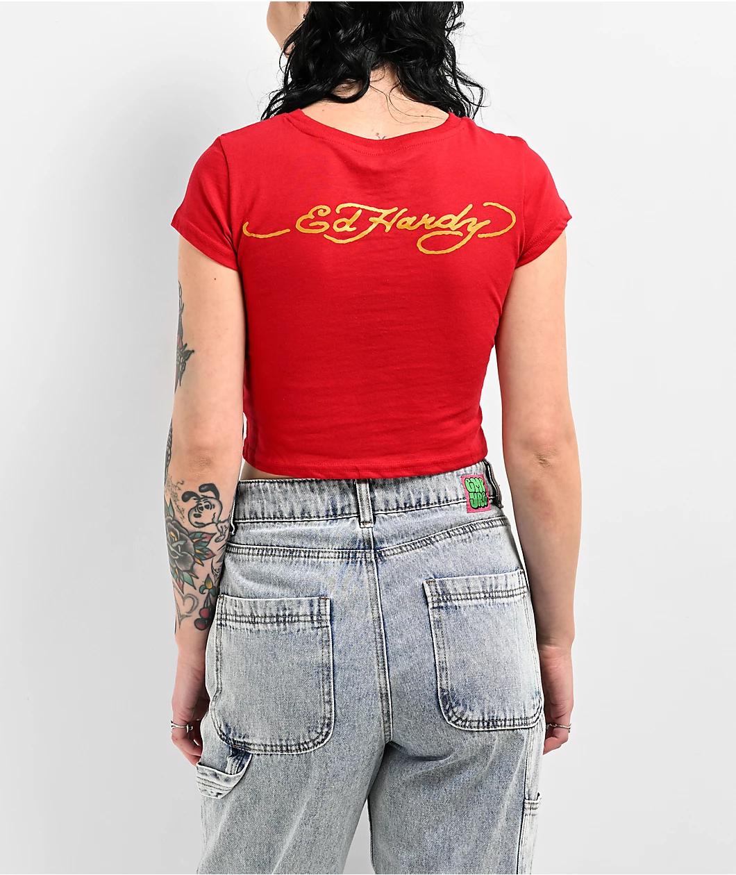 Ed Hardy Rhinestone Aces Red Crop T-Shirt Product Image