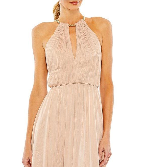 Mac Duggal Chain Trim Keyhole Neck Metallic Chiffon Blouson Gown Product Image