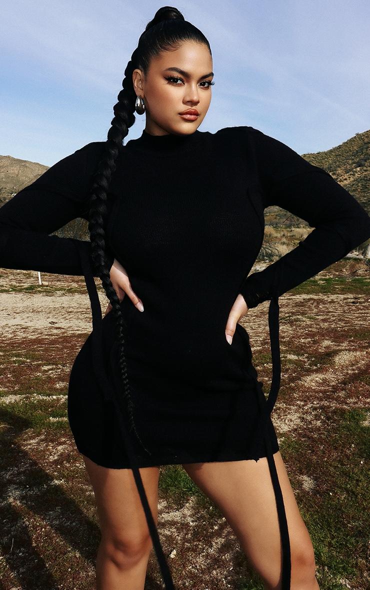 Plus Black Knitted Tie Detail Wrap Bodycon Dress Product Image