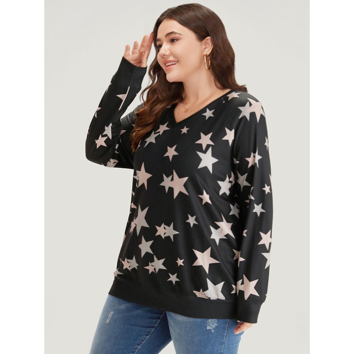 Plus Size Star Print V Neck Raglan Sleeve Sweatshirt Women Black Elegant Elastic cuffs V-neck Dailywear Sweatshirts BloomChic 22-24/3X Product Image