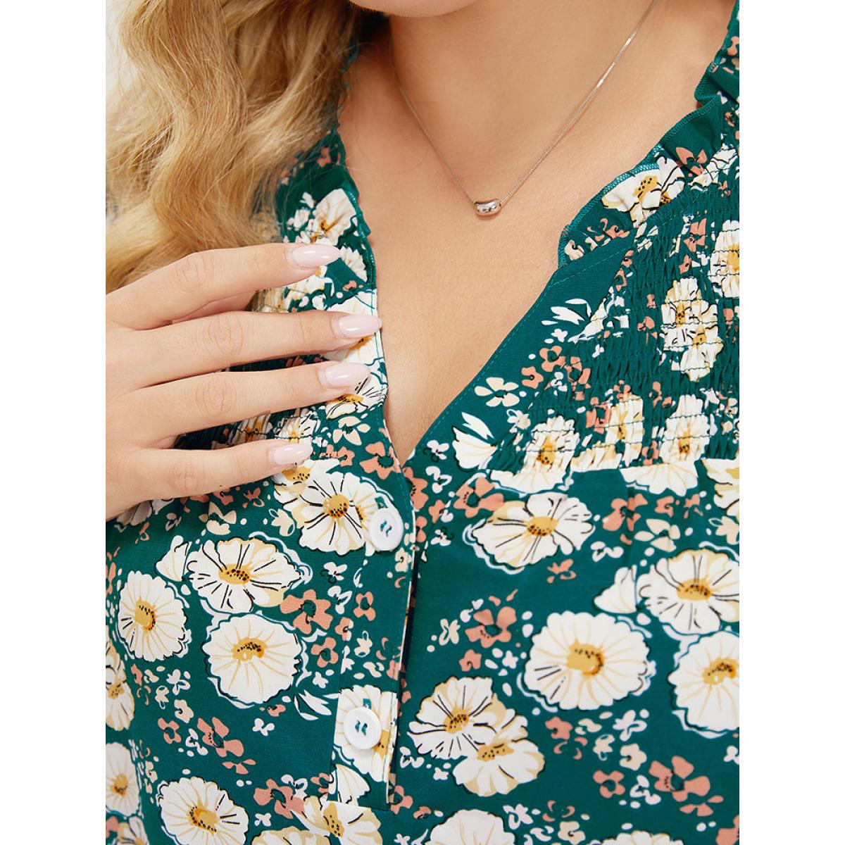 Plus Size Cerulean Floral Ruffle Sleeve Shirred Button Up Frill Trim Blouse Women Elegant Short sleeve V-neck Dailywear Blouses BloomChic 12/L Product Image