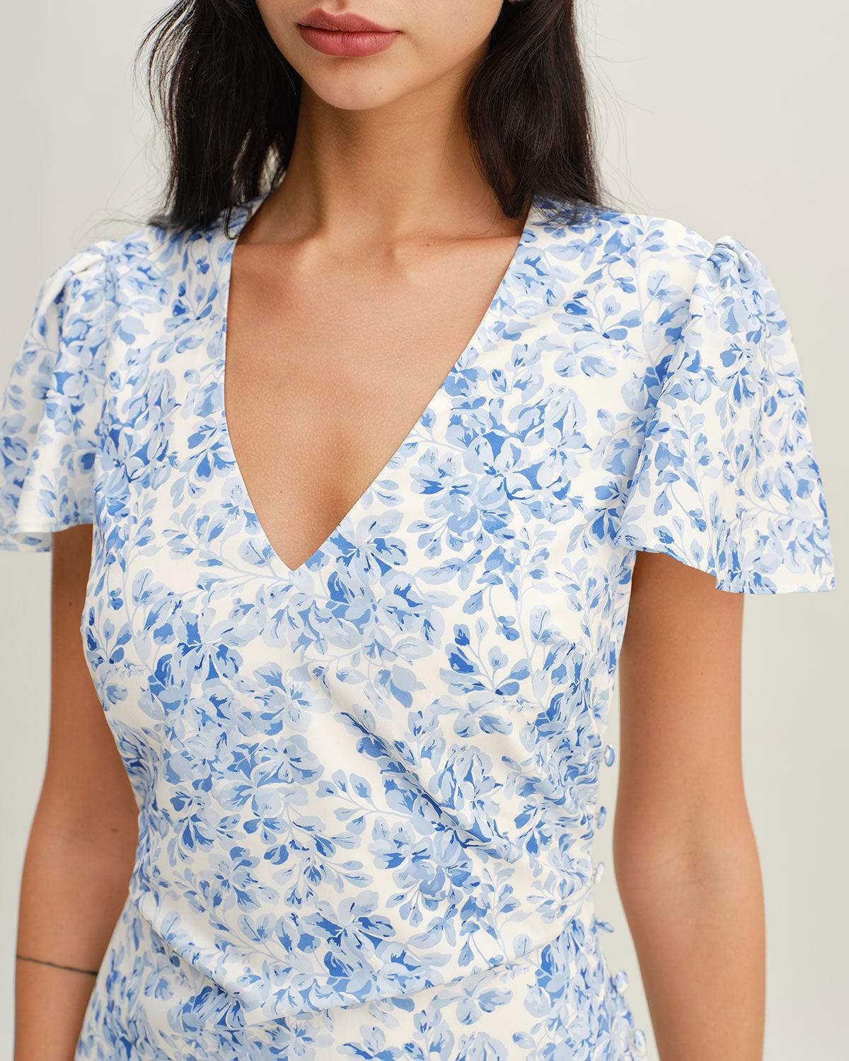 Blue Floral V Neck Button Maxi Dress Product Image