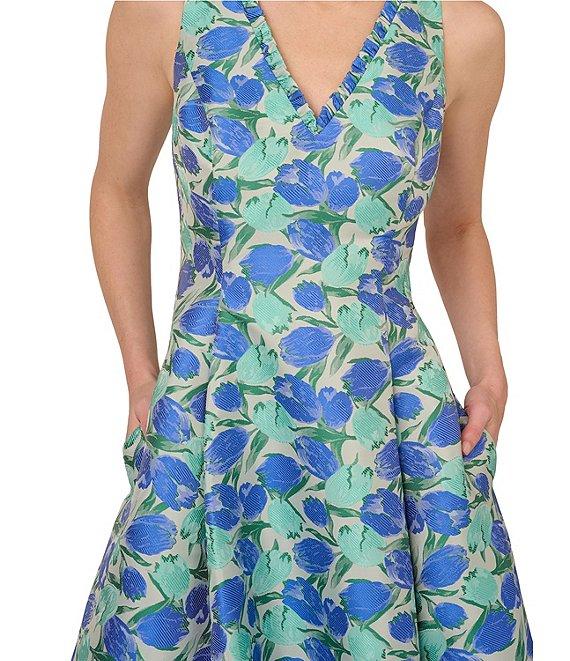 Adrianna Papell Ruffle V-Neck Abstract Floral Jacquard A-Line Hi Lo Dress Product Image