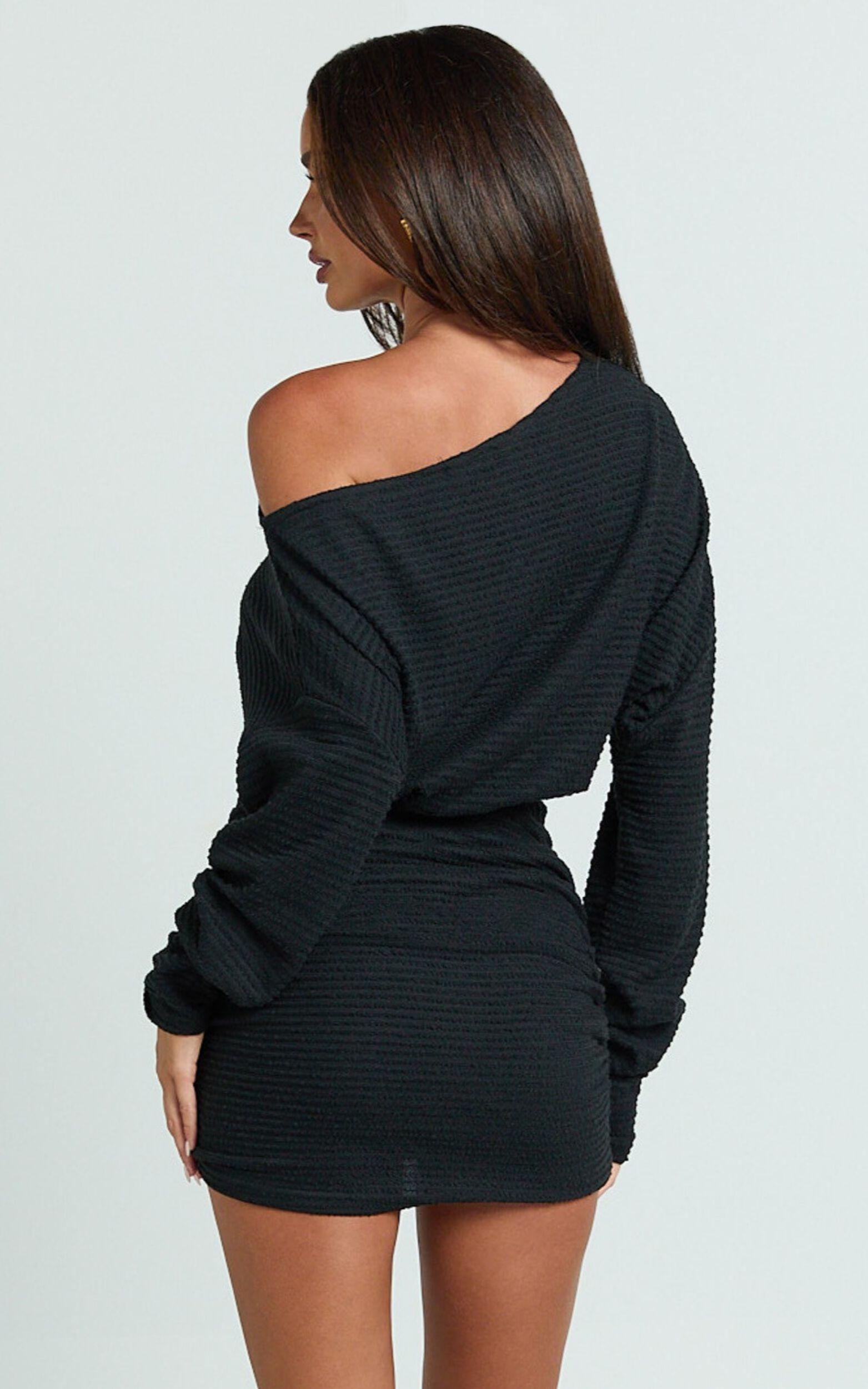 Alyce Mini Dress - Long Sleeve One Shoulder Dress in Black Product Image