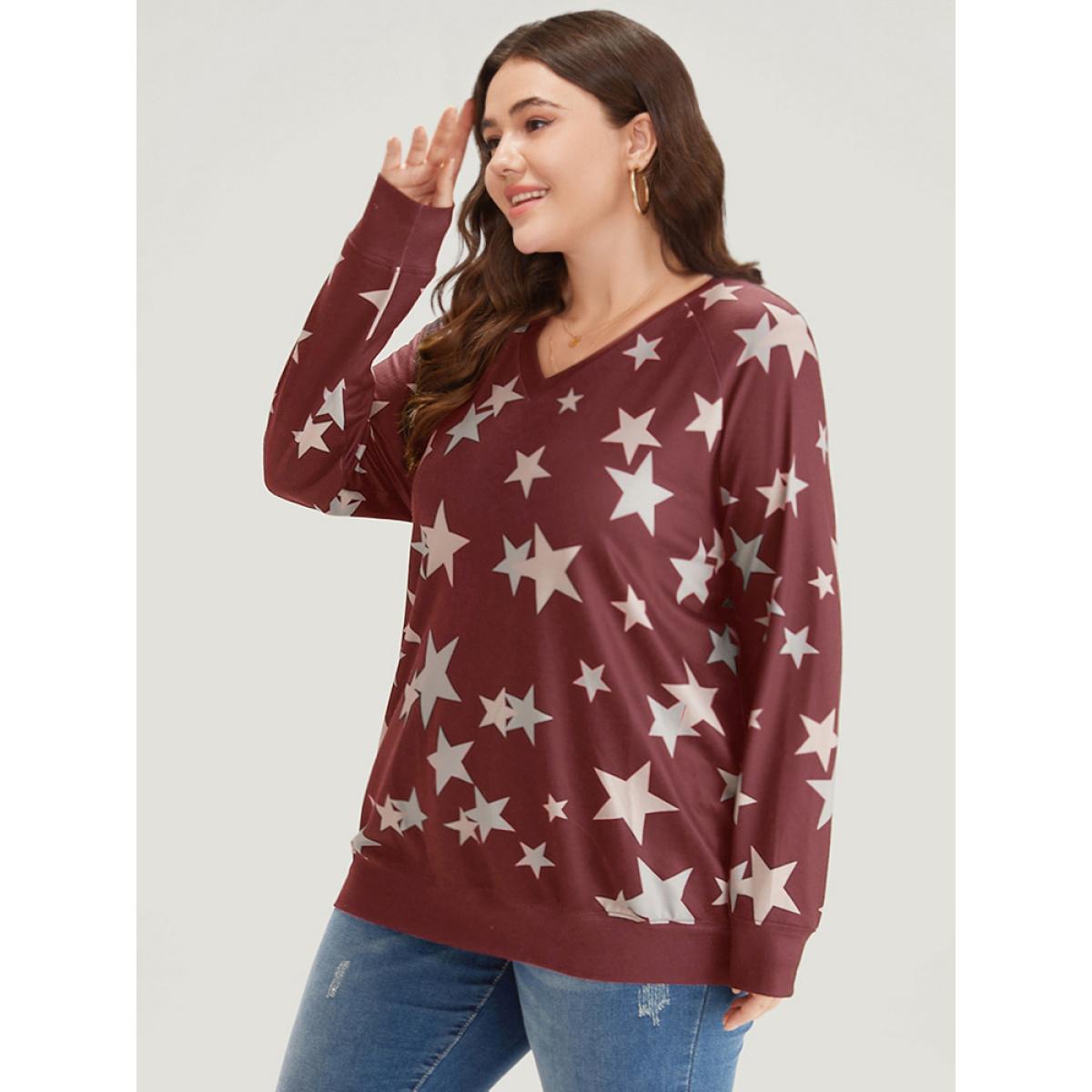 Plus Size Star Print V Neck Raglan Sleeve Sweatshirt Women Raspberry Elegant Elastic cuffs V-neck Dailywear Sweatshirts BloomChic 14-16/1X Product Image