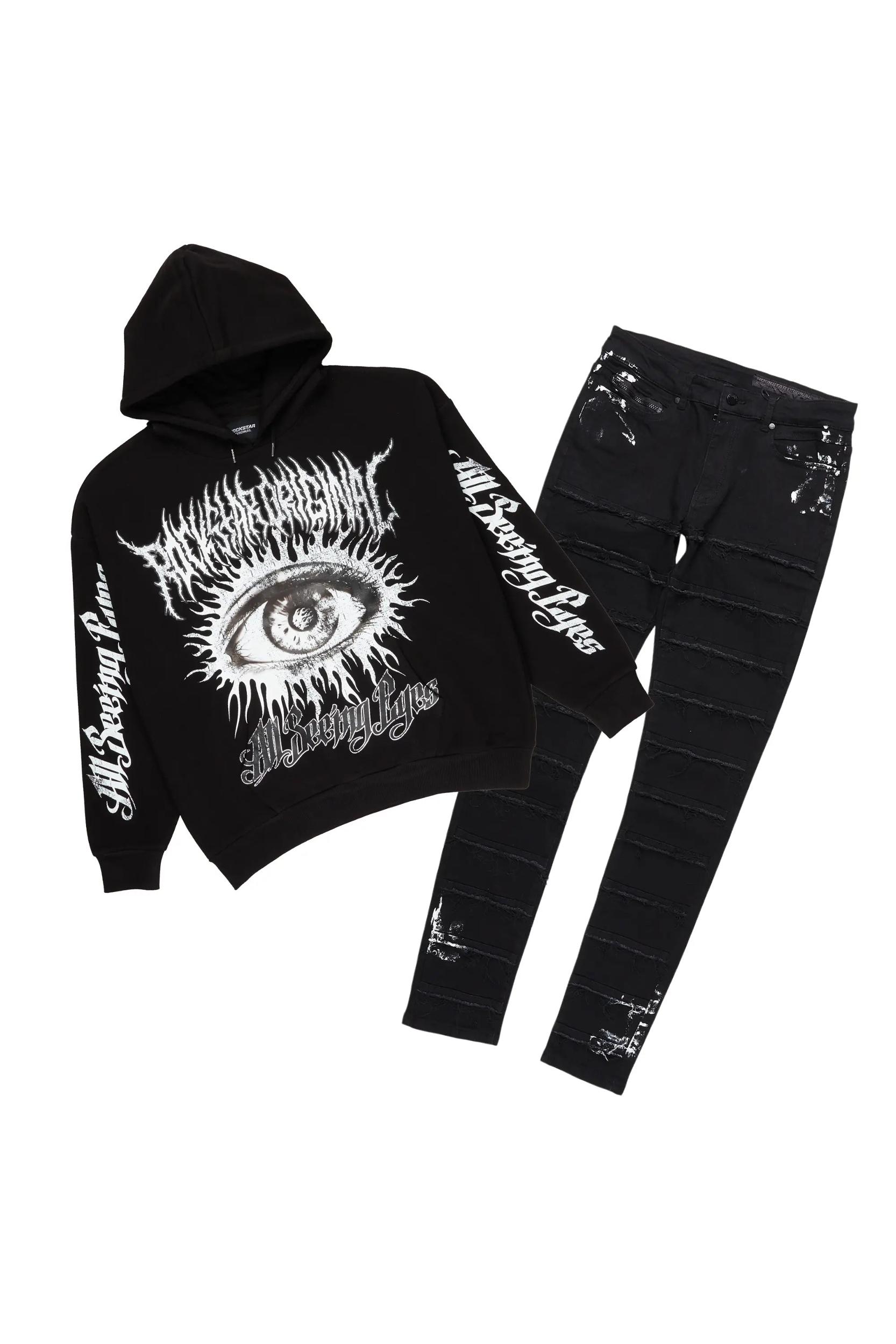 All Seeing Eyes Black Hoodie/Slim Fit Jean Set Male Product Image