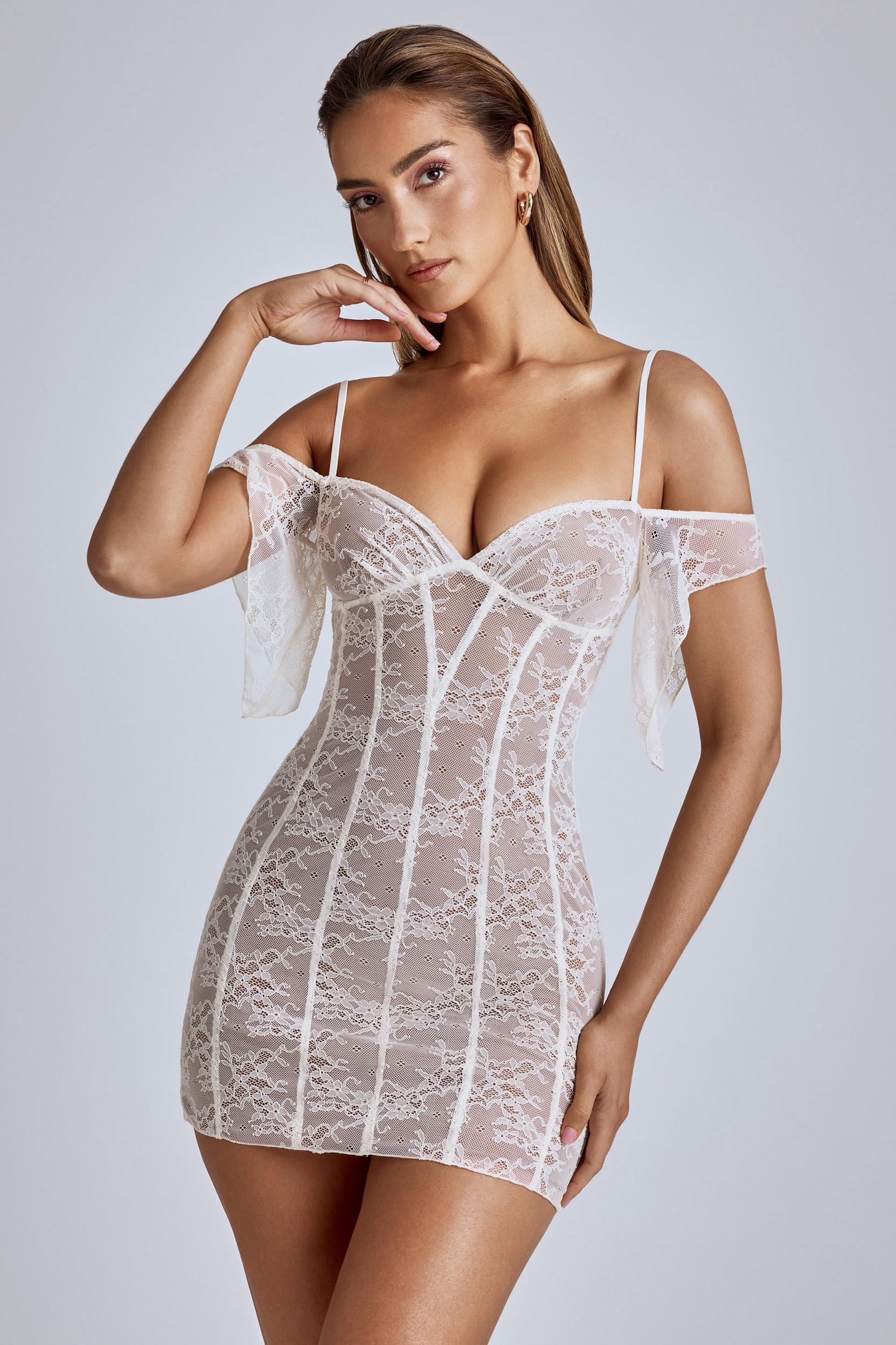 Sheer Lace A-Line Mini Dress in Ivory Product Image