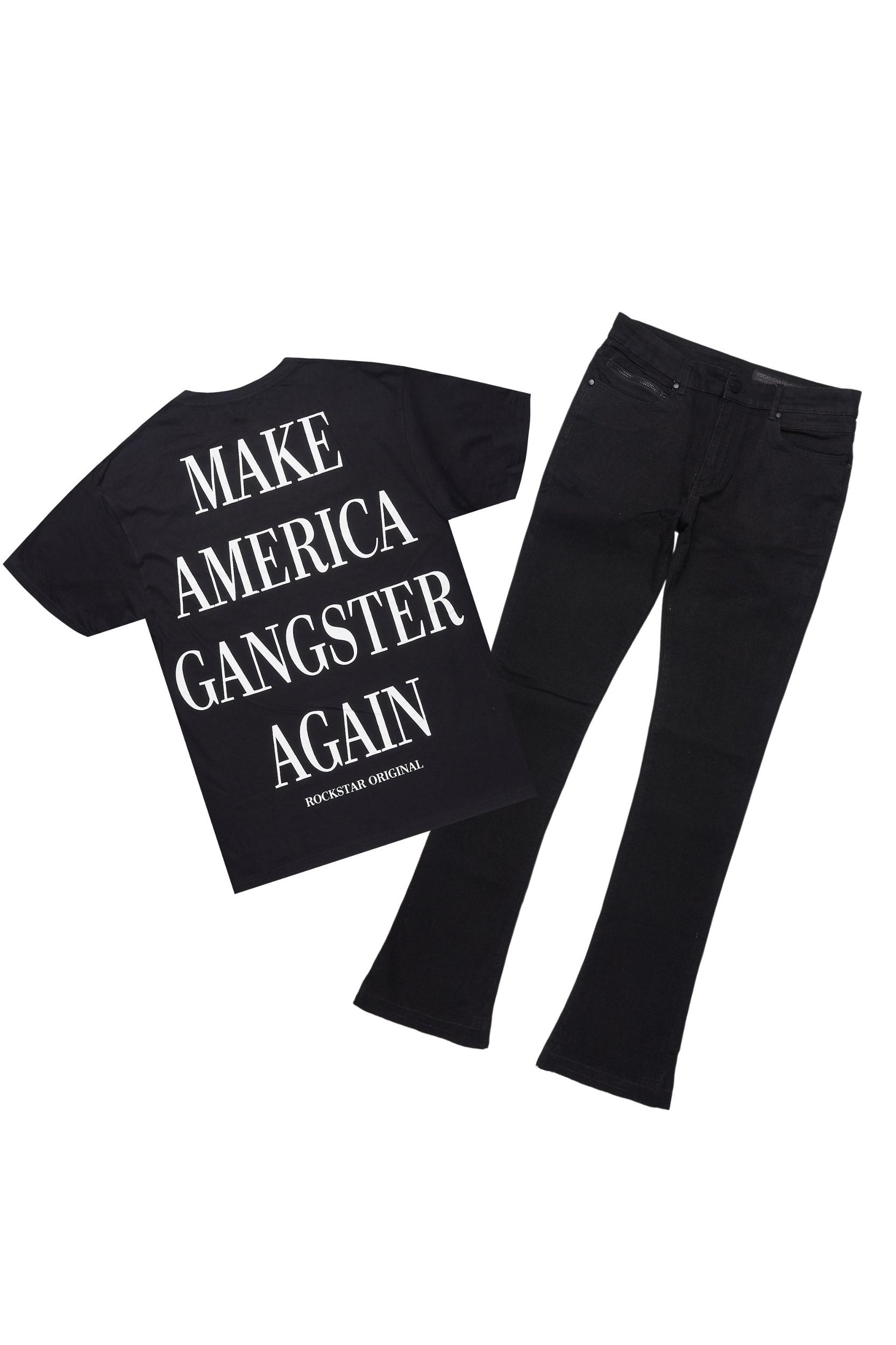 Drako Black/White Oversized Graphic T-Shirt/Dag Stacked Flare Jean Set Male Product Image