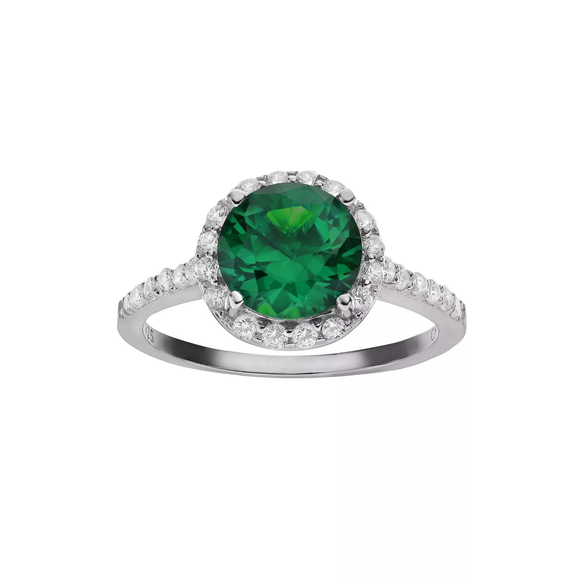 Sophie Miller Simulated Emerald & Cubic Zirconia Sterling Silver Halo Ring, Women's,  Product Image