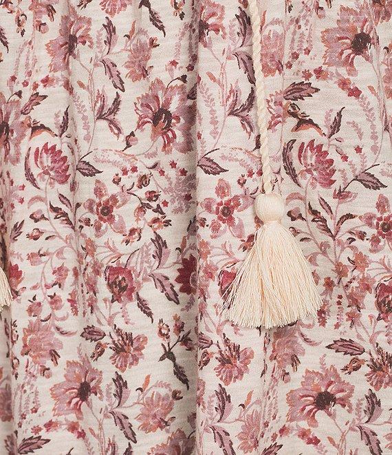 Lucky Brand Knit Printed Round Neck Short Sleeve Decorative Smocked Top Product Image