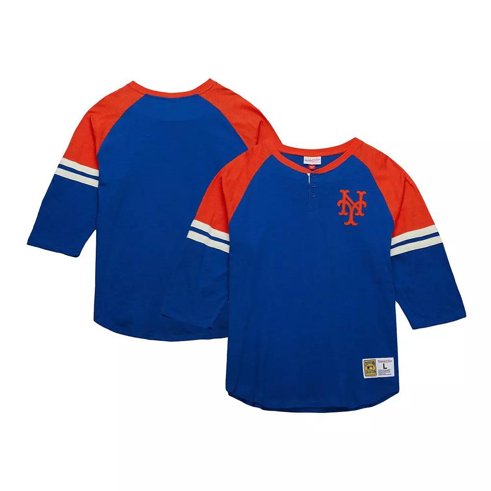 Men's Mitchell & Ness Royal New York Mets Cooperstown Collection Legendary Raglan Slub Henley 3/4-Sleeve T-Shirt, Size: Large, Blue Product Image
