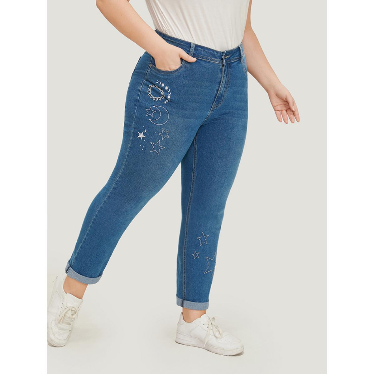 Plus Size Very Stretchy High Rise Moon & Star Embroidered Jeans Women Blue Casual Star and moon Roll Hem High stretch Pocket Jeans BloomChic 28/5X Product Image